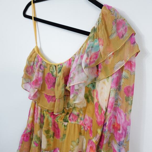 Rococo Sand Avar Belted One Shoulder Peasant Sleeve Yellow Floral Dress Large - Picture 5 of 9
